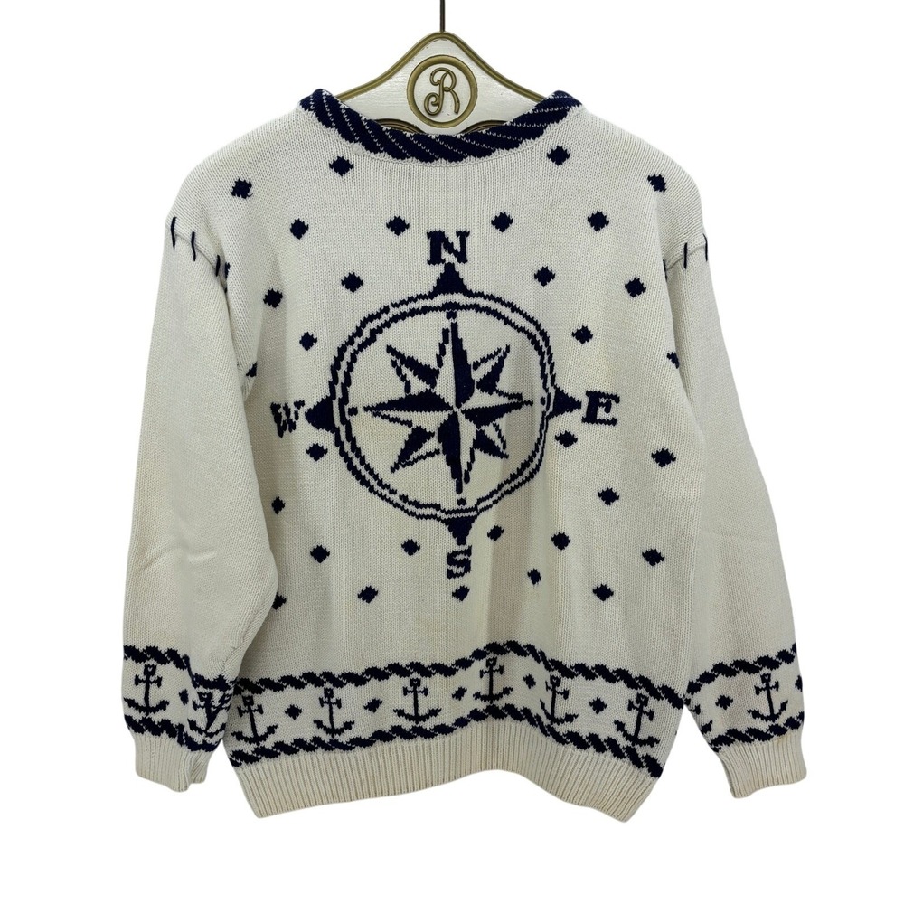 Vintage Eddie Bauer Nautical Sweater Compass Anchor Knit Coastal Grandma MEDIUM